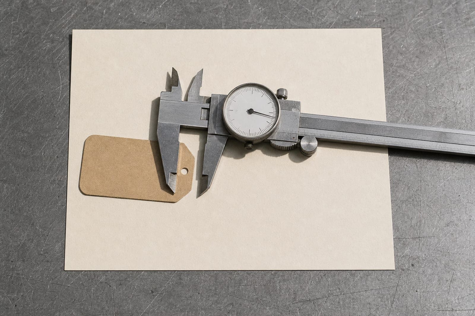 A dial caliper measuring the edge of a blank price tag on paper